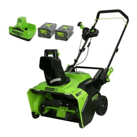  The Greenworks Pro 60V 22" Cordless Snow Blower, two batteries, and charger on a white background.