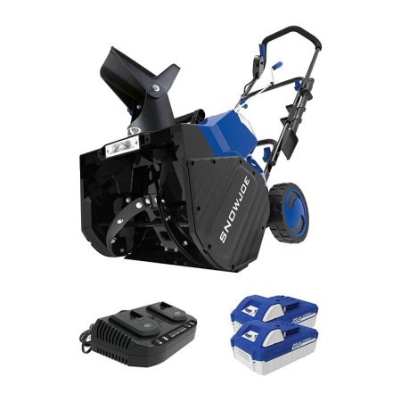  The Snow Joe 48V 18" Ionmax Cordless Snow Blower Kit, charger, and batteries on a white background.