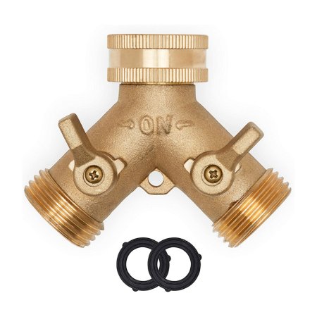  Morvat Heavy Duty Brass Garden Hose Splitter on a white background