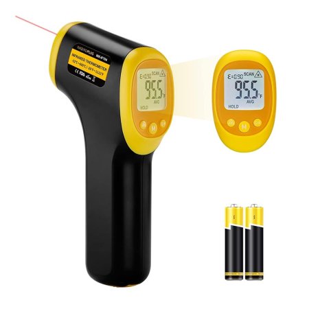  The Inkbird INK-IFT04 Infrared Thermometer on a white background with inset images of the display screen and a set of batteries.