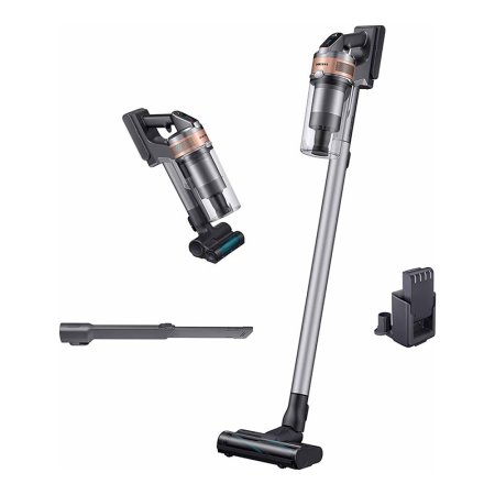  The Samsung Jet 75 Pet Cordless Stick Vacuum and its accessories on a white background.