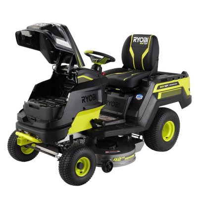 Black and yellow Ryobi 80V 42-Inch Electric Riding Lawn Tractor on white background