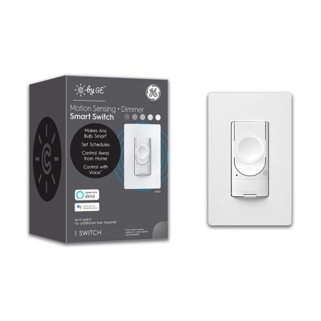  The GE Cync Smart Dimmer Light Switch + Motion Sensor and its packaging on a white background.