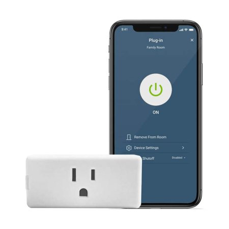  The Leviton Decora Smart Wi-Fi Mini Plug-In Switch on a white background next to a phone showing the Leviton app.