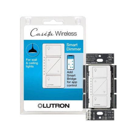  The Lutron Caseta Smart Dimmer Switch and its packaging on a white background.