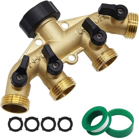  Twinkle Star Heavy-Duty Brass Garden Hose Splitter next to 4 rubber gaskets and some plumber's tape