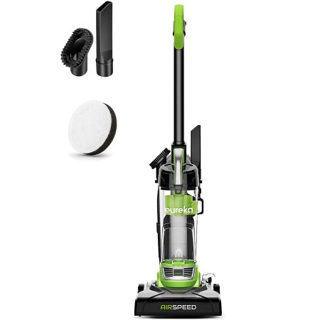  The Eureka NEU100 AirSpeed Compact Bagless Upright Vacuum and its accessories on a white background.