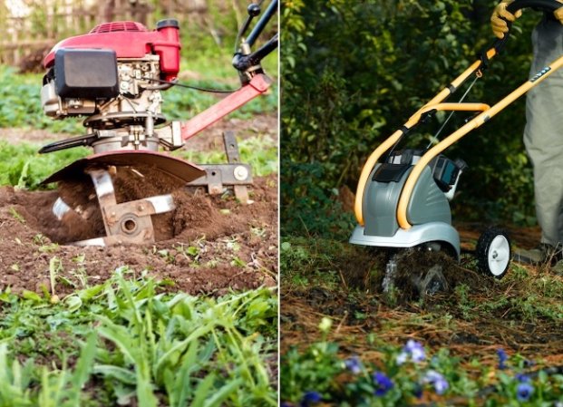 Side by side image of a cultivator and a tiller.