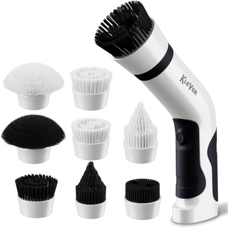  Klever Powerspin Electric Scrubber with eight attachments on white background