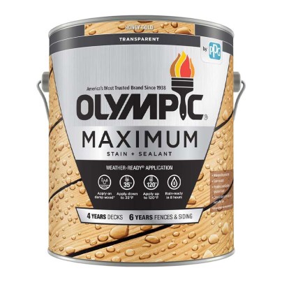 A can of Olympic Maximum Wood Stain & Sealant on a white background.