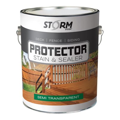 A can of Storm System Semi-Transparent Stain & Sealer on a white background.