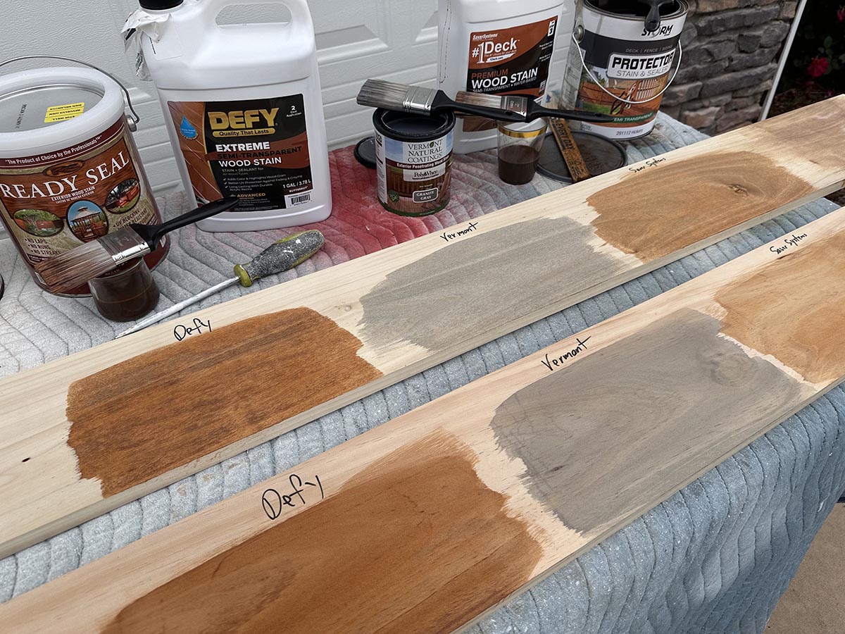 A testing board with several of the best exterior wood stains applied.