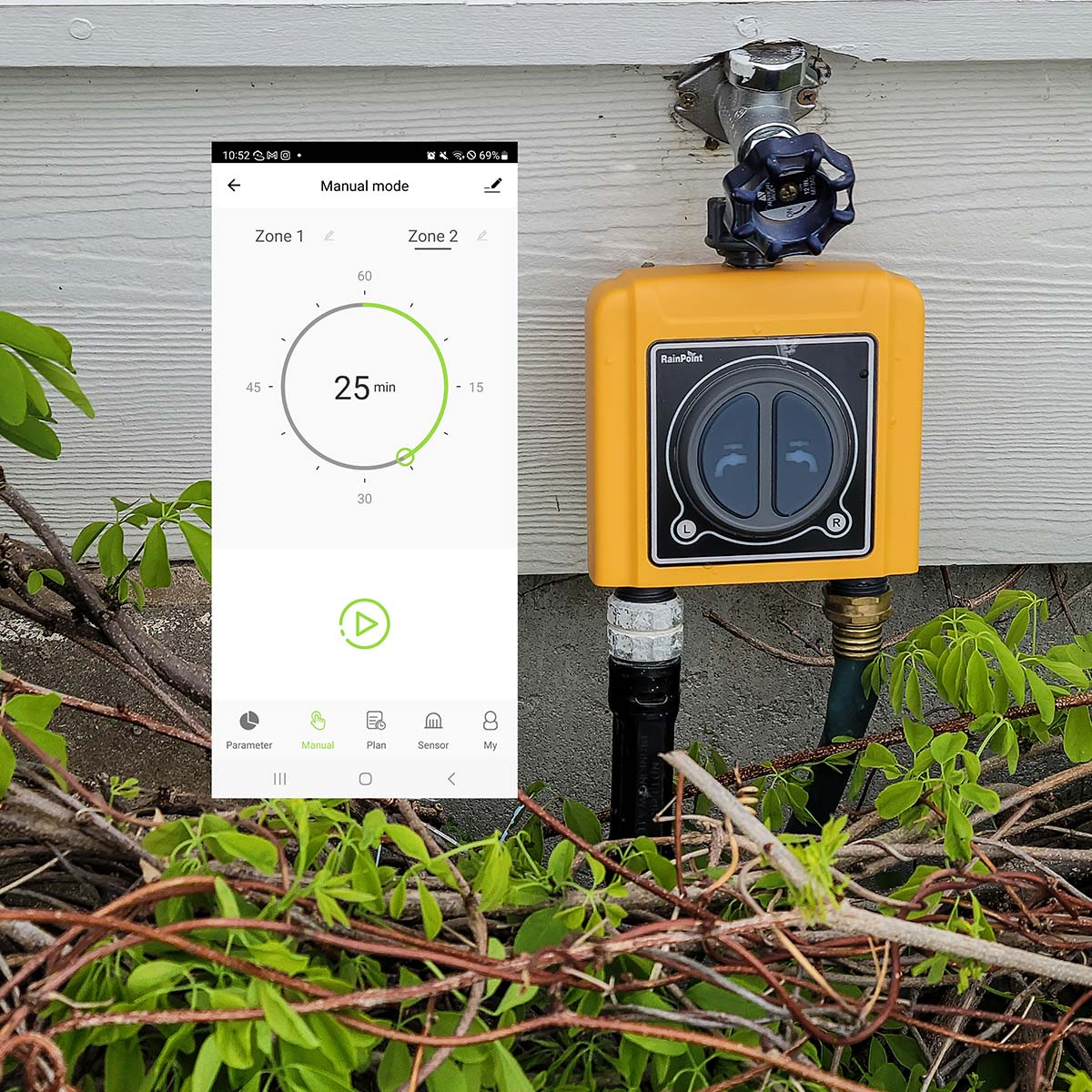 Yellow Rainpoint dual zone hose timer connect to spigot next to a smartphone app screen