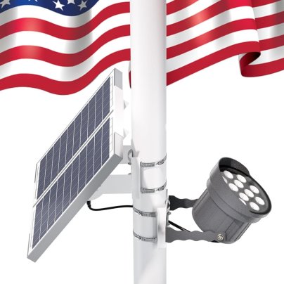 The Ofuray Upgrade Solar Flagpole Light installed on a flagpole below the American flag.