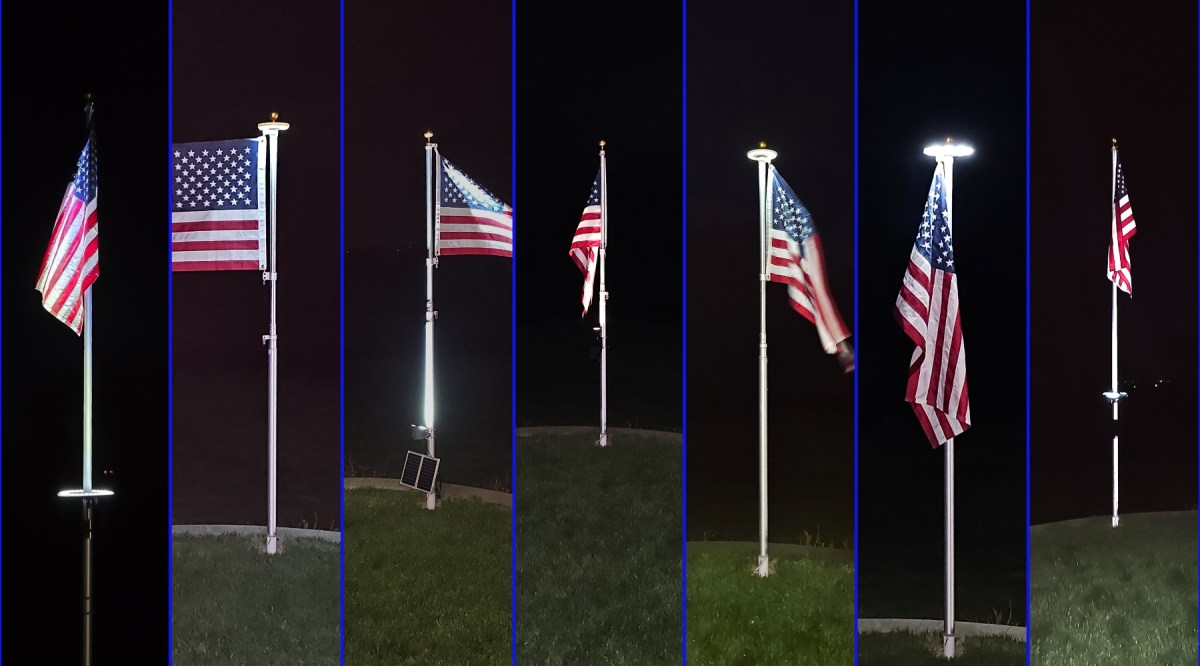 A collage of the best solar flagpole lights illuminating the American flag.