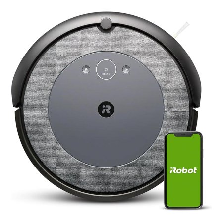  The iRobot Roomba i3 EVO Robot Vacuum next to a mobile phone showing the iRobot app.