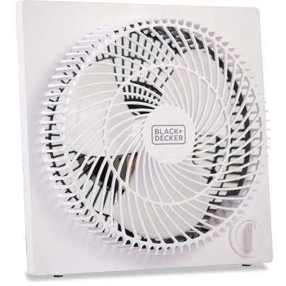 The Black+Decker box fan on a white background