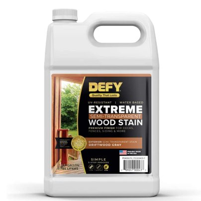 A jug of Defy Extreme Semi-Transparent Wood Stain on a white background.