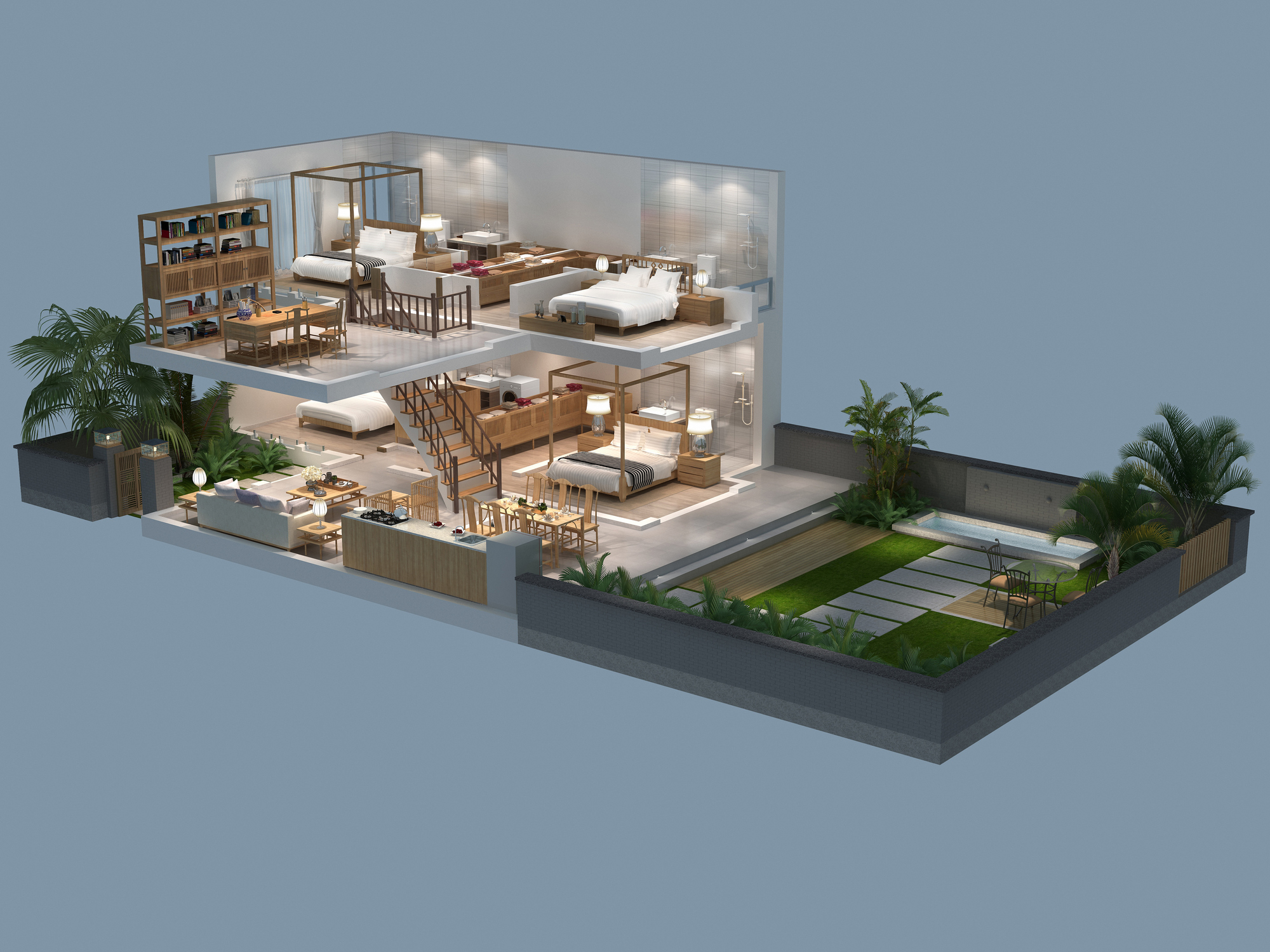 3d illustration of isometric view of a villa