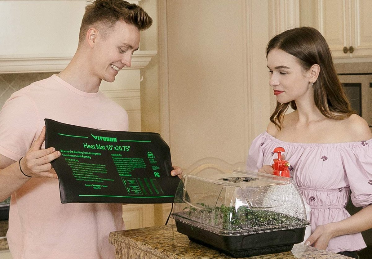 Two people looking at a seedling heat mat in the kitchen