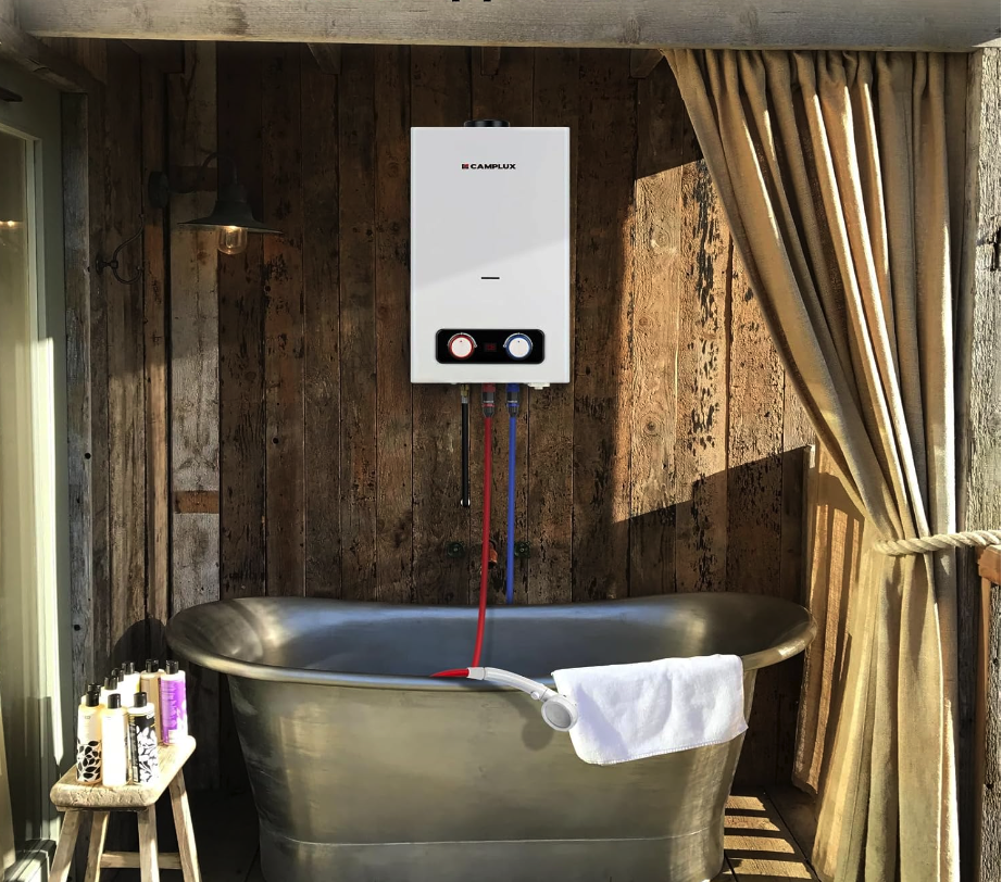 propane tankless water heater installed in bathroom