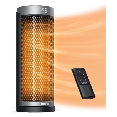  The Dreo Solaris Slim H3 Space Heater on a white background with its remote and orange lines emitting to mimic warmth.