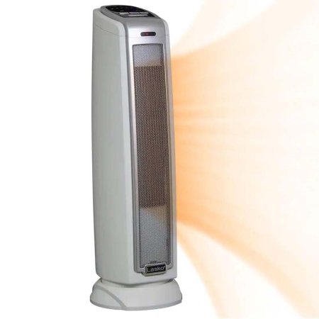  The Lasko 5775 Oscillating Ceramic Tower Space Heater emitting an illustration of an semi-transparent orange shape to give the idea of warmth.