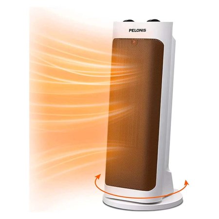  The Pelonis Compact Ceramic Tower Heater on a white background with orange lines emitting from it to mimic warmth.