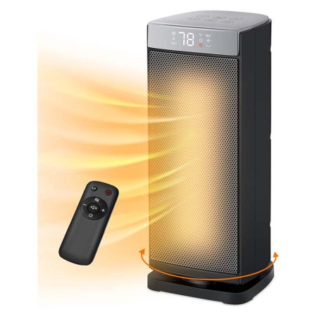  The Sunnote Koperlife 5-Mode Oscillating Space Heater on a white background with its remote and orange lines emitting to mimic warmth.