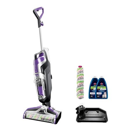  The Bissell CrossWave Pet Pro Wet Dry Vac with extra brush roll, sample cleaning solution, and accesories on white background