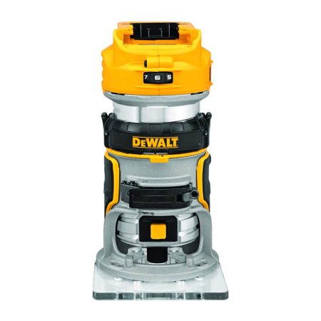  The DeWalt 20V MAX XR Brushless Cordless Compact Router on a white background.