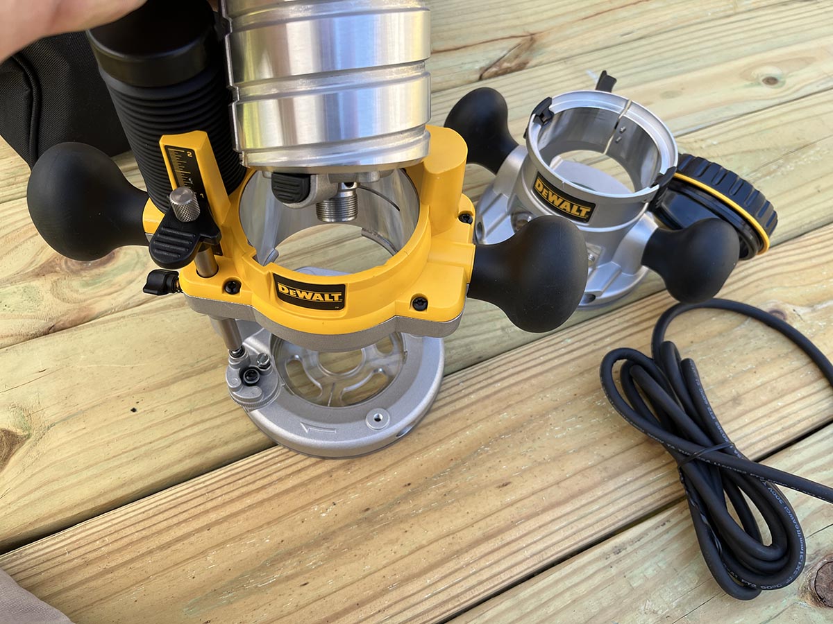 DeWalt Router plunge and fixed bases on wood deck