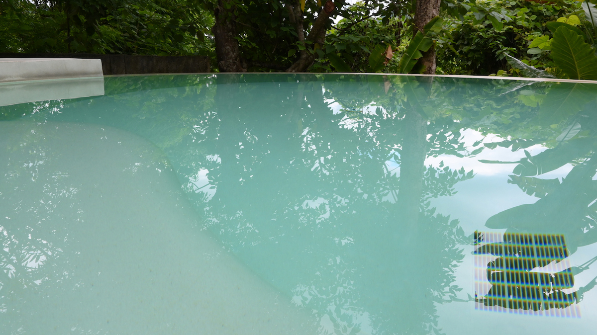 The water in a backyard swimming pool is clean but cloudy.