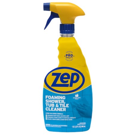  A spray bottle of Zep Foaming Shower, Tub, and Tile Cleaner on a white background.