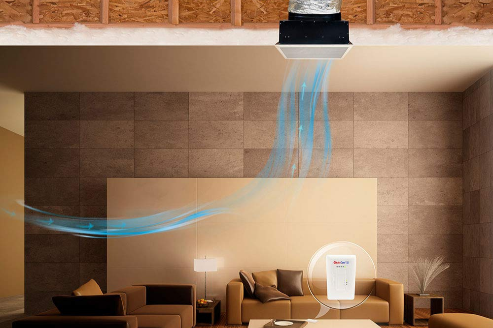 A whole house fan installed in a living room with a flow of air sweeping through