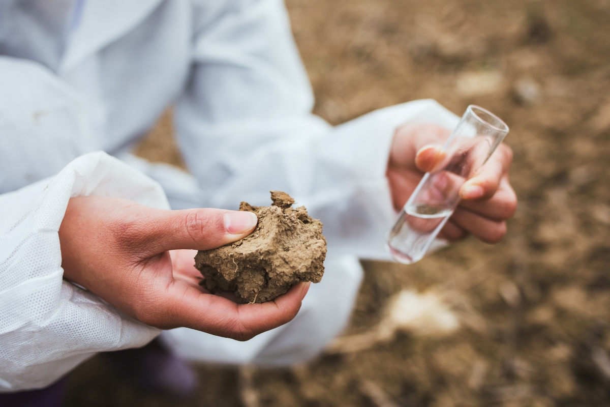 A person is holding a piece of soil and a tube for soil testing.