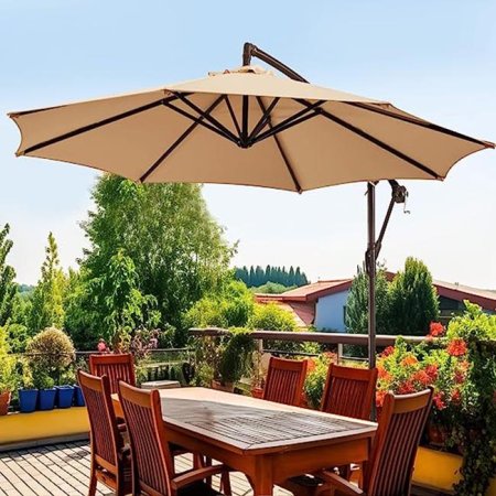  Wikiwiki H Series Patio Offset Hanging Umbrella over a wood patio dining table and chairs