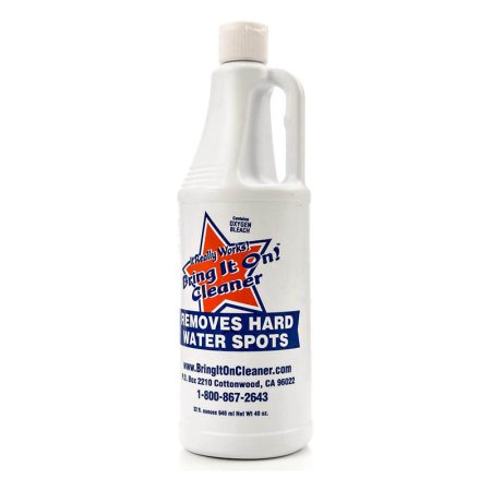  A bottle of Bring It On Cleaner Hard Water Stain Remover on a white background.