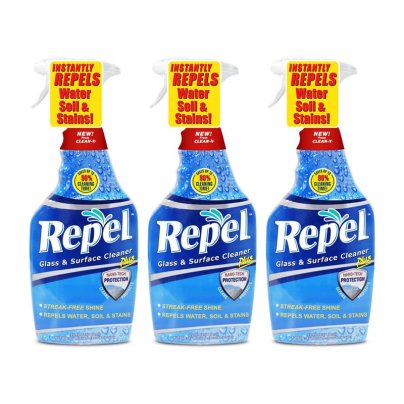 Three spray bottles of Clean-X Repel Glass & Surface Cleaner on a white background.