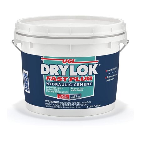  A bucket of the UGL Drylok Fast Plug Hydraulic Cement on a white background.