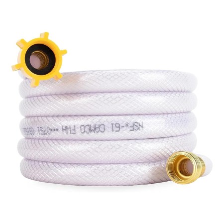  White Camco Outdoors Drinking Water Hose coiled on white background