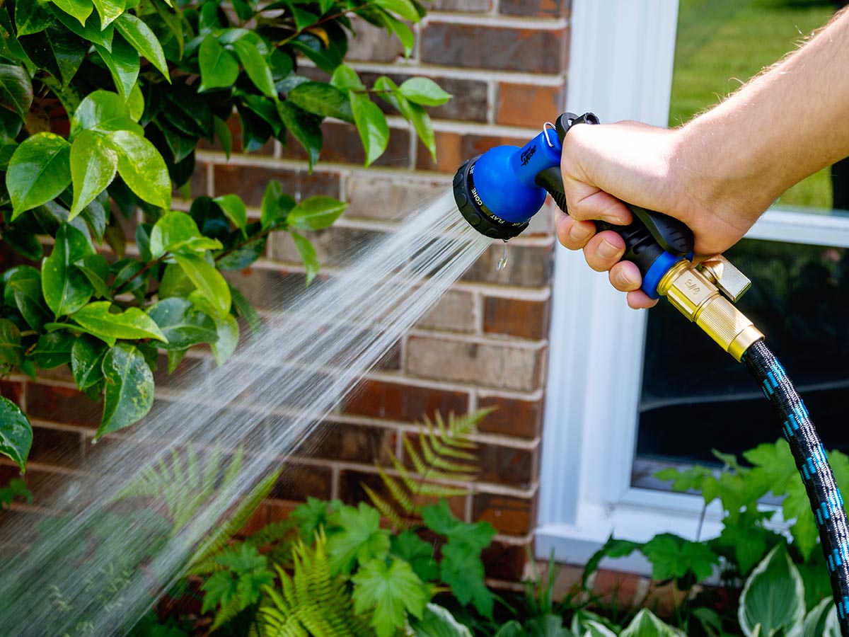 Person using lightweight garden hose to spray plants outside brick home.