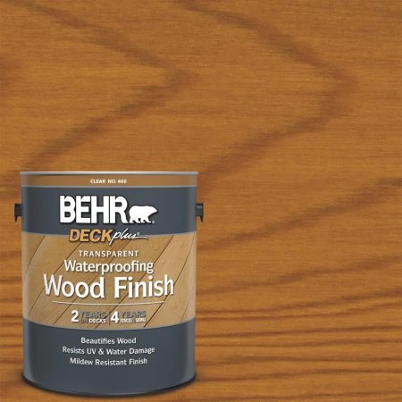  Behr Deck Plus Transparent Waterproofing Stain on a wood background