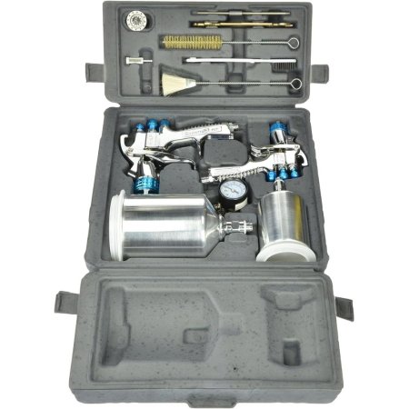  DeVilbiss HVLP Gravity Spray Gun Kit with accessories and storage case on a white background