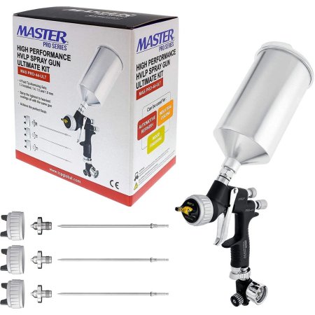  Master Pro 44 Series High Performance HVLP Spray Gun next to its box on a white background