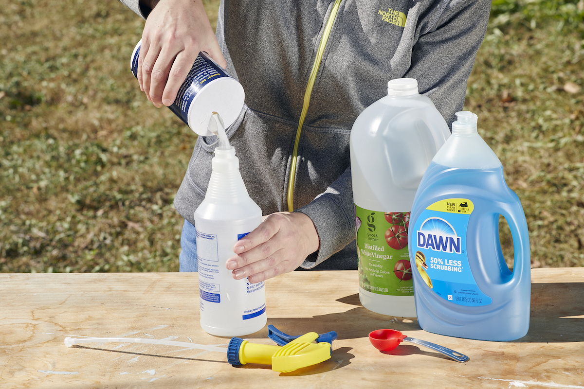 Woman pours iodized salt into a spray bottle with containers of dish soap and vinegar nearby.