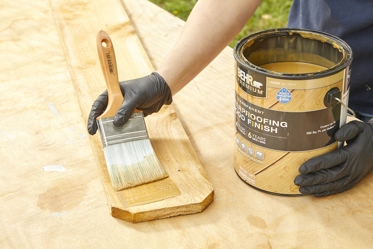 Woman has a gallon of wood stain, and tests the color on a piece of pressure-treated wood.