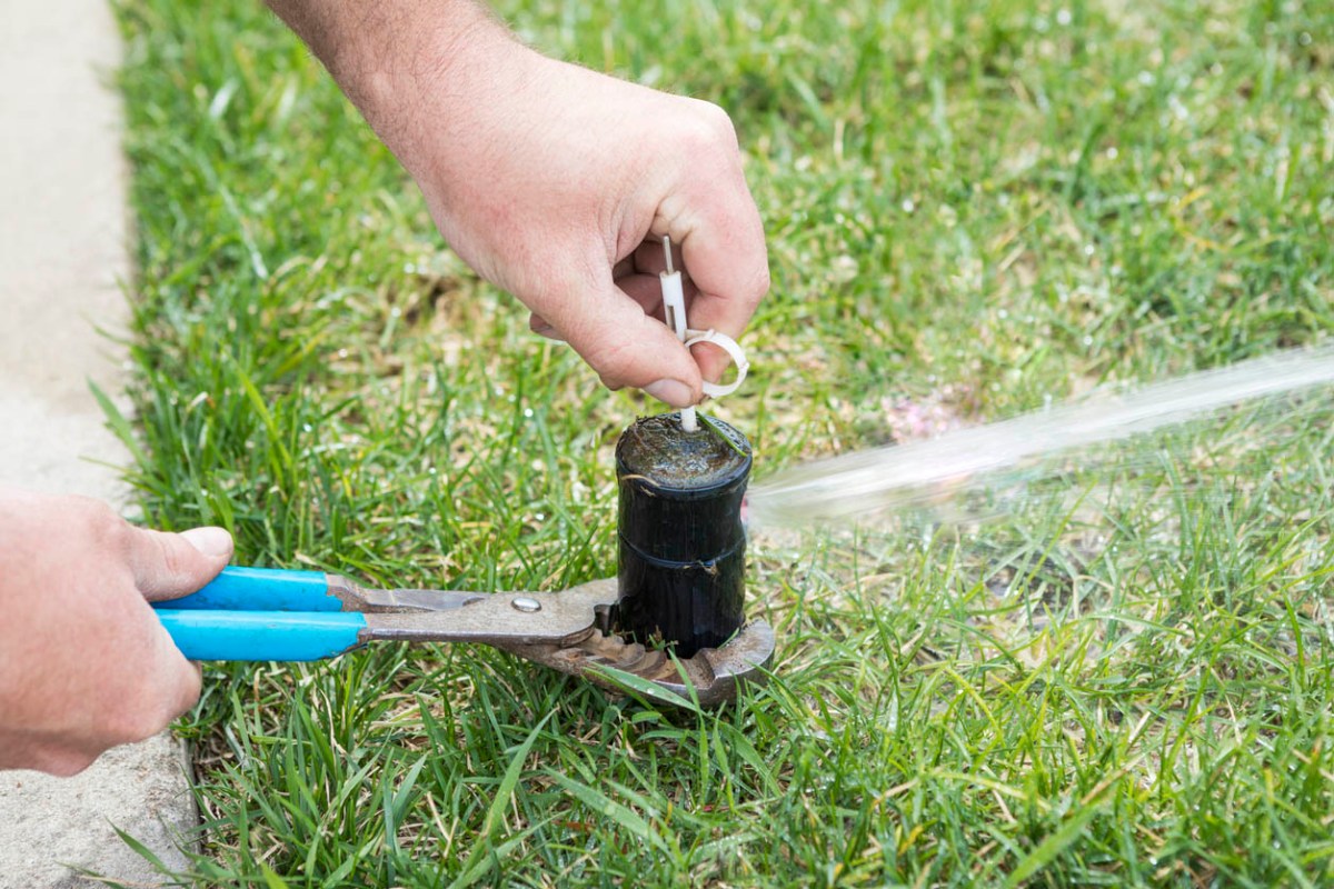 A view of a person's hand adjusting a lawn sprinkler.