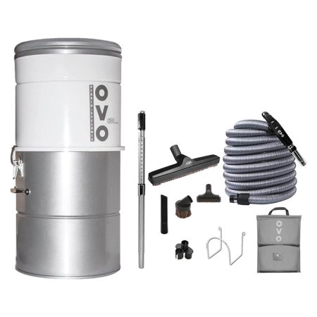  The OVO Large Household Hybrid Central Vacuum System and its accessories on a white background.