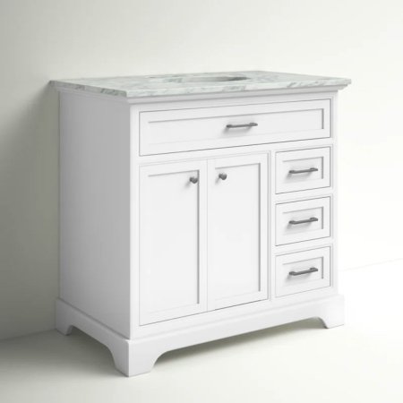  The Andover Mills Rossi 36-Inch Single Bathroom Vanity on a light-colored floor in front of a light-colored wall.